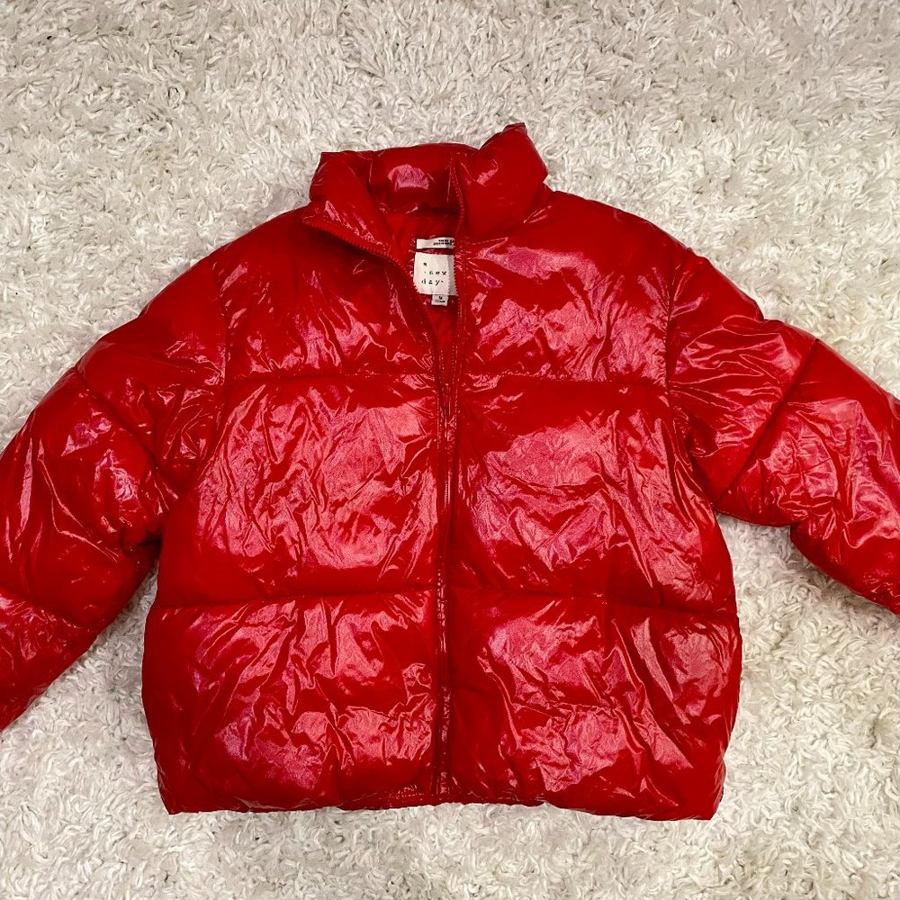 A New Day Red Short Wet Look Puffer Jacket M